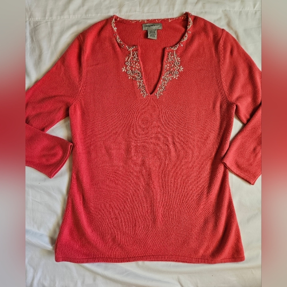 Designers Originals Womens Pink 3/4 Sleeve Pullover V-neck Sweater Size Medium